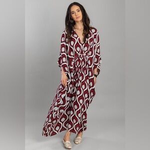 Free People Retro Print Red and White Patterned Maxi Kaftan Dress